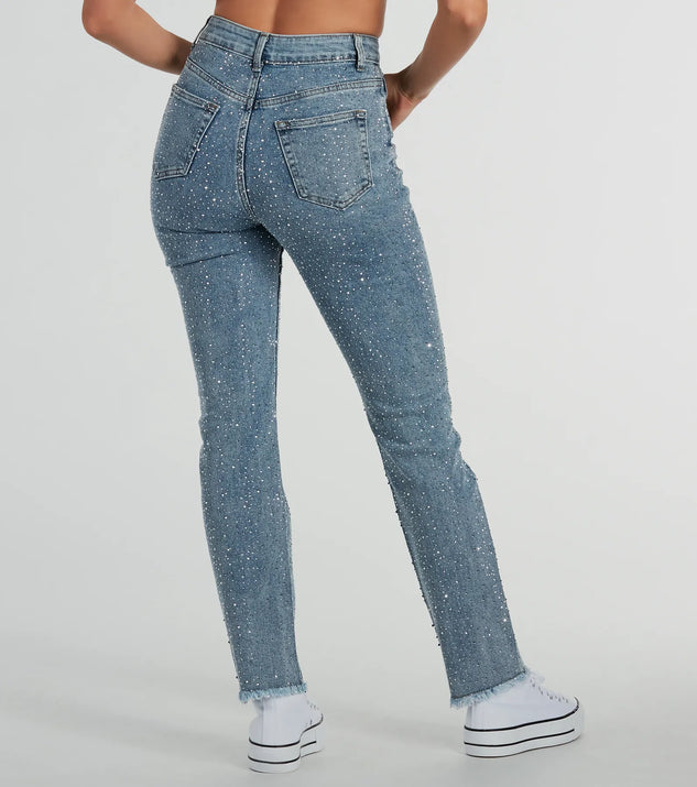 Glam Girlie Rhinestone High Waist Straight-Leg Jeans | Windsor
