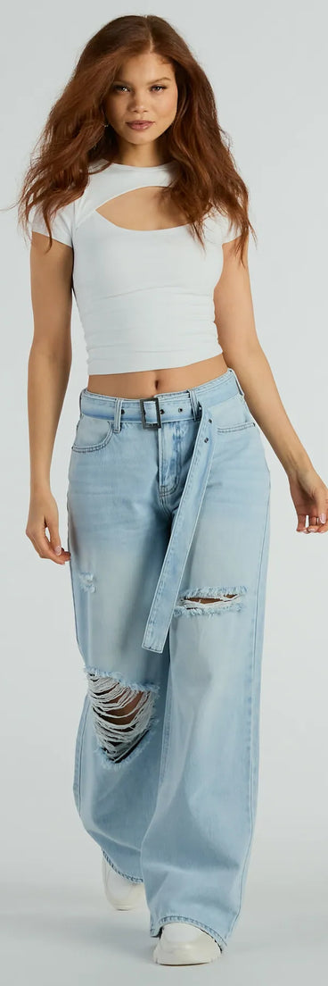 Cool Vibes High-Rise Belted Destructed Wide-Leg Jeans