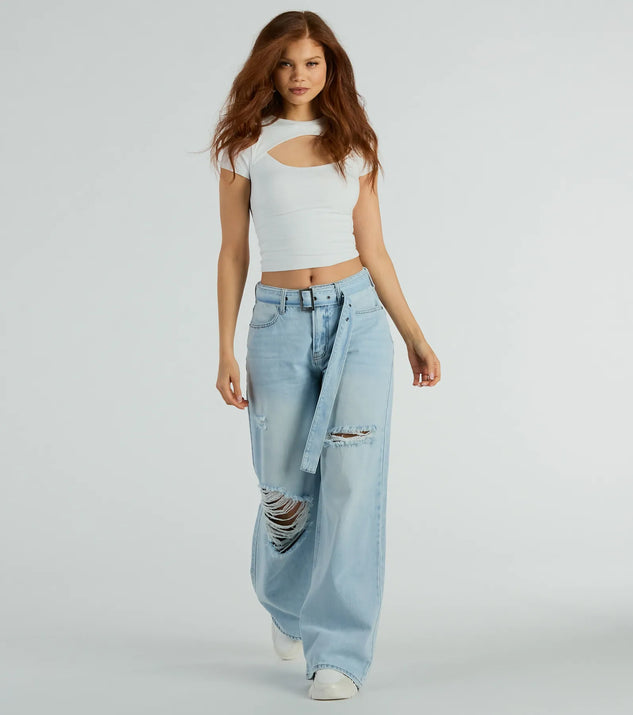 Cool Vibes High-Rise Belted Destructed Wide-Leg Jeans | Windsor
