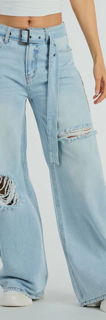 Cool Vibes High-Rise Belted Destructed Wide-Leg Jeans