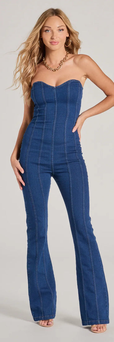 The Rare Icon Strapless Sweetheart Flare Denim Jumpsuit, a women's dark denim jumpsuit, is a chic one-piece outfit for parties and celebrations offering a glamorous look with festive style and on-trend design accents.