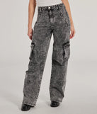 Stay on trend with the On-Trend High-Rise Cargo Acid Wash Jeans, women's denim pants with cool accents and comfy fits, great for office looks or a night out.