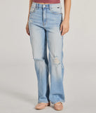 Stay on trend with the Effortlessly Casual High-Rise Distressed Dad Jeans, women's denim pants with cool accents and comfy fits, great for office looks or a night out.