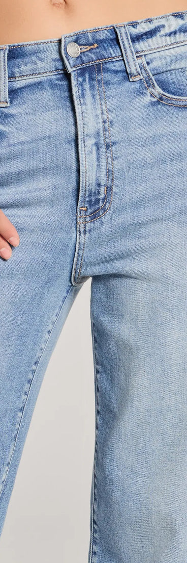 The Basic Vibes High-Rise Straight-Leg Denim Jeans is a trendy women's bottom in medium denim wash, designed with modern details and alluring textures to complete chic outfits for 2025.