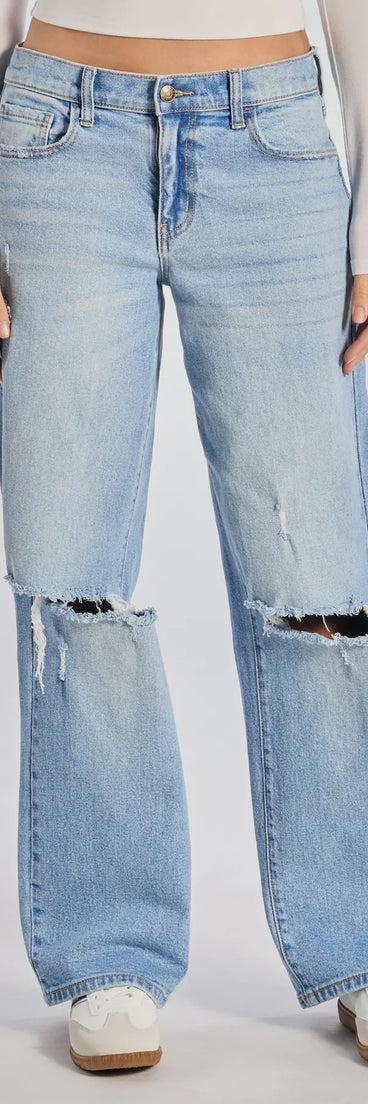 Elevate everyday looks with the Chill Vibes Only Baggy Destructed Denim Jeans, a sleek pair of medium denim wash jeans designed for comfort, shape, and style.