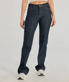 The Elevated Chic High-Rise Straight Leg Denim Jeans is a trendy women's bottom in dark denim wash, designed with modern details and alluring textures to complete chic outfits for 2025.