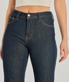 The Elevated Chic High-Rise Straight Leg Denim Jeans is a trendy women's bottom in dark denim wash, designed with modern details and alluring textures to complete chic outfits for 2025.