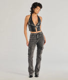 The Bold High-Rise Acid Wash Cargo Jeans is a trendy women's bottom in black, designed with modern details and alluring textures to complete chic outfits for 2025.