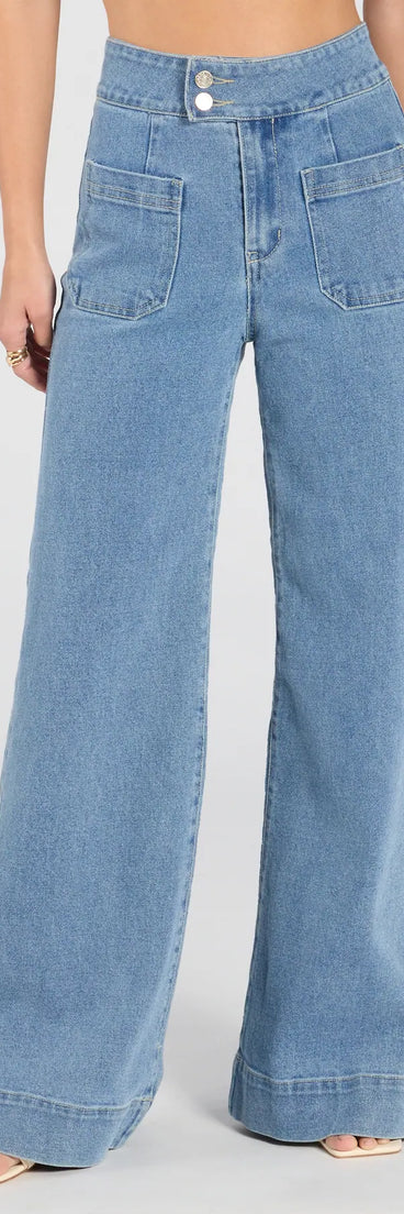 Create bold, fashion-forward looks for spring or summer with the Extra Trendy High Rise Wide Leg Trouser Denim Jeans in medium denim wash, a must-have piece from Windsor’s collection of stylish bottoms for women.