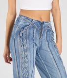 The Trendy Club Lace-Up Straight-Leg Jeans in dark denim wash brings edge and energy to your vibe, ready to elevate any festival look or concert outfit.
