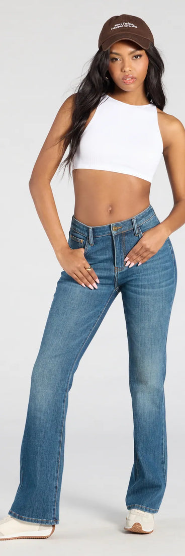 Complete your transitional-weather wardrobe with the So Far So Good High-Rise Bootcut Denim Jeans, trendy women's jeans in dark denim wash made to mix, match, and stand out.