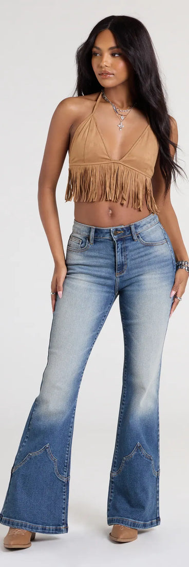 Pair the Got A Flare For It High Rise Denim Jeans with your favorite crop or bodysuit for effortless warm-weather looks with on-trend dark denim wash jeans that speak your style.