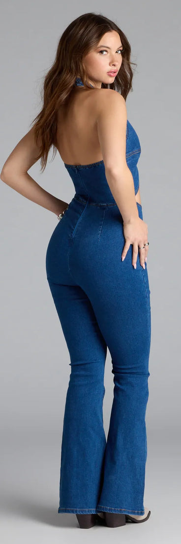 Step out in the Season Premiere Halter Cutout Denim Jumpsuit, a medium denim wash jumpsuit made to elevate your vibe from brunch to after-dark plans with ease and polish.