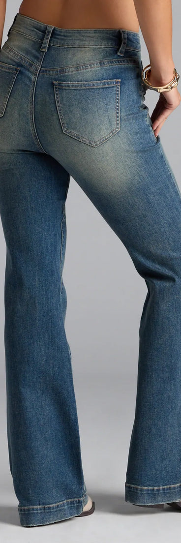 Elevate everyday looks with the Word On The Street Mid-Rise Flare Denim Jeans, a sleek pair of dark denim wash jeans designed for comfort, shape, and style.