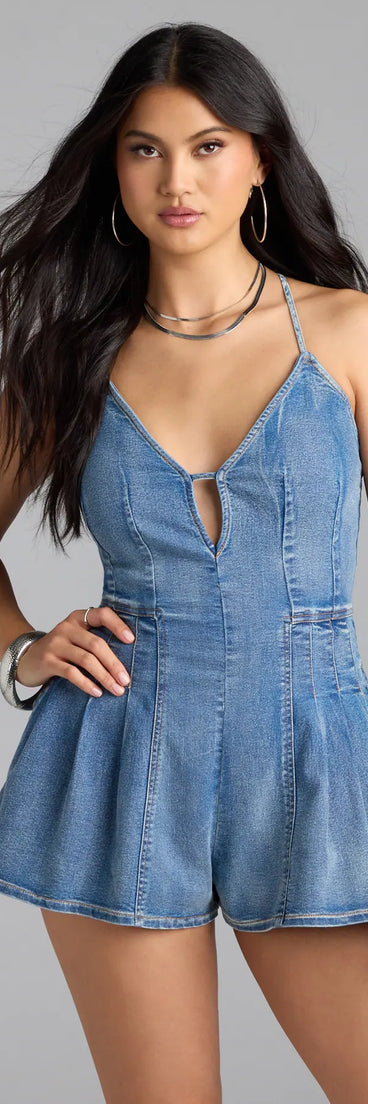 Complete your transitional-weather wardrobe with the Little Miss Charming Strappy Back Denim Romper, a trendy romper in denim blue made to mix, match, and stand out.