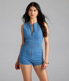 Keep your look easy and on-trend with the Doing The Most Sleeveless Zip-Up Denim Romper, medium denim wash jean shorts made for everyday summer outfits.