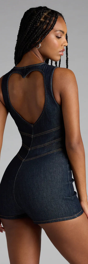 Designed for campus outfits, sleek workwear, and on-the-go moments, the Steal Your Heart Denim Romper is a trendy dark denim wash bottom for women bringing effortless fall versatility.