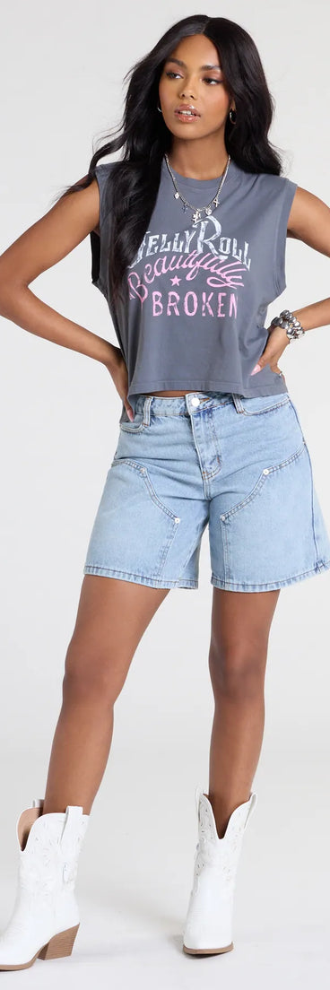 The All Day Mid-Rise Denim Jorts in denim blue brings edge and energy to your vibe, ready to elevate any festival look or concert outfit.