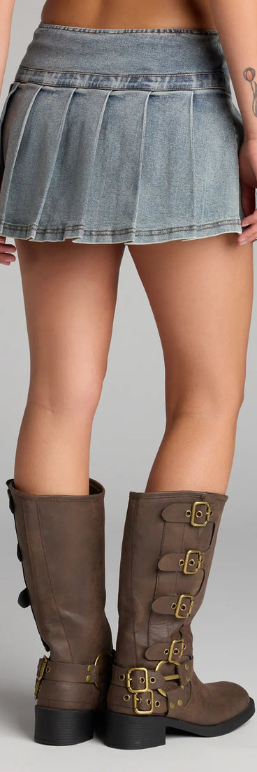 Style up your rotation with the Off Duty Cool Denim Mini Skort, a trendy light blue skort made to anchor every outfit with attitude and ease.