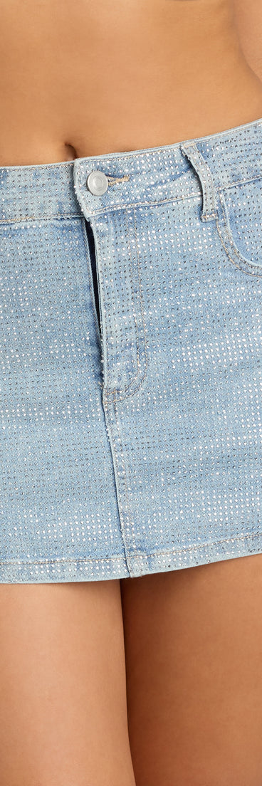 Style up your rotation with the Shimmer And Stun Rhinestone Denim Skort, a trendy skort made to anchor every outfit with attitude and ease.