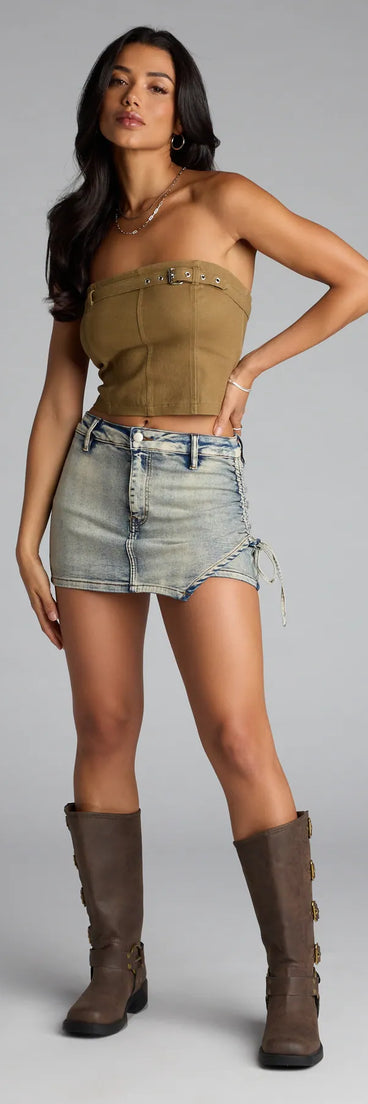 Designed for campus outfits, sleek workwear, and on-the-go moments, the Side Tied and Vibin’ Denim Skort is a trendy denim blue bottom for women bringing effortless fall versatility.