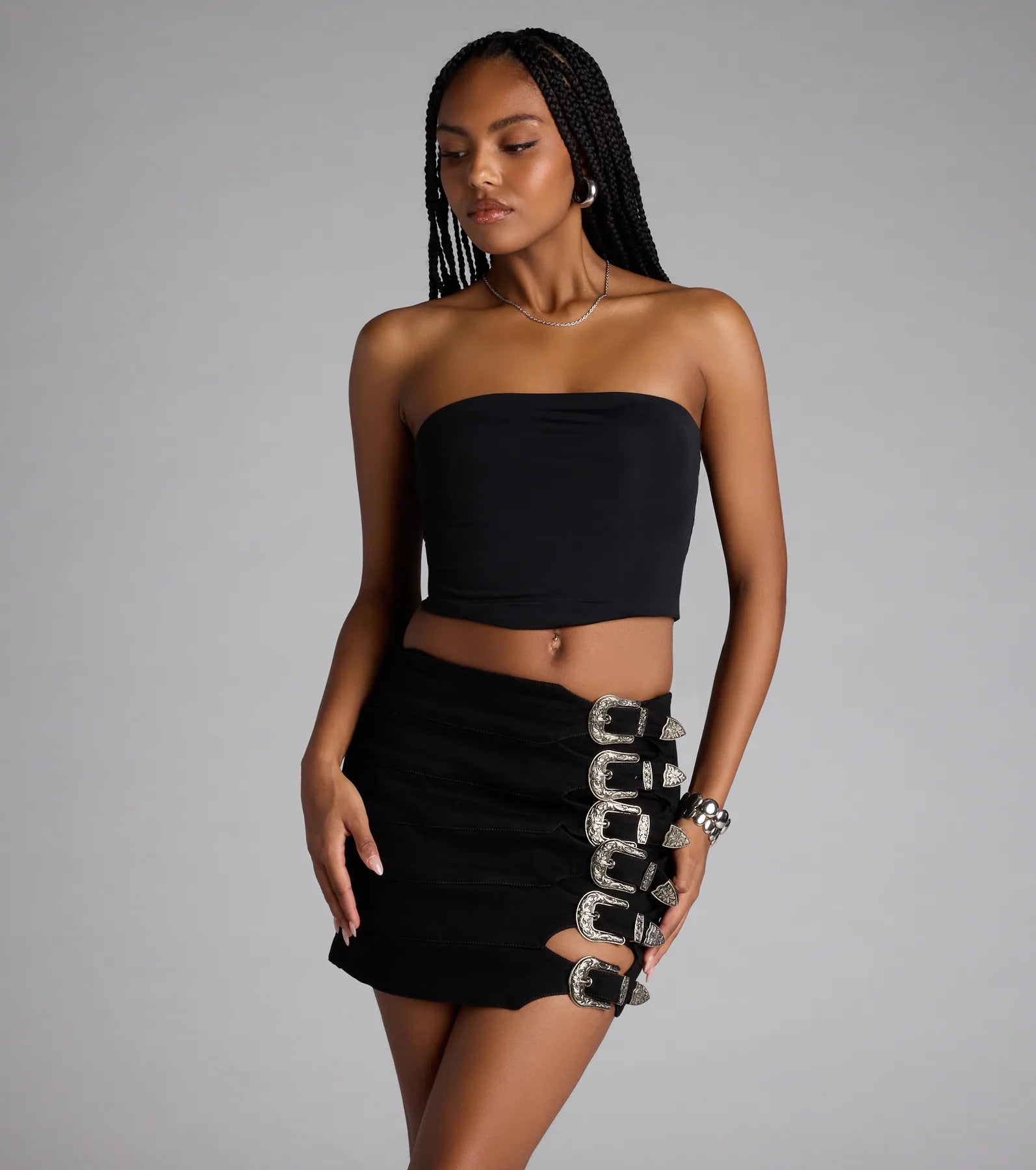 ★ DIAGONAL★ CALFSKIN BUCKLE SKIRT black DA234SK01BK Buckle Down High-Rise Denim Skort | Windsor