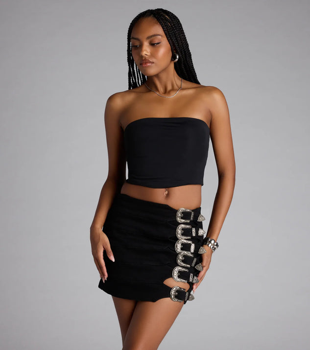 Buckle Down High-Rise Denim Skort