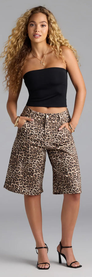 Upgrade your seasonal wardrobe with the Running Wild Leopard Mid Rise Bermuda Denim Shorts, trendy shorts in cheetah print made to mix, match, and stand out.