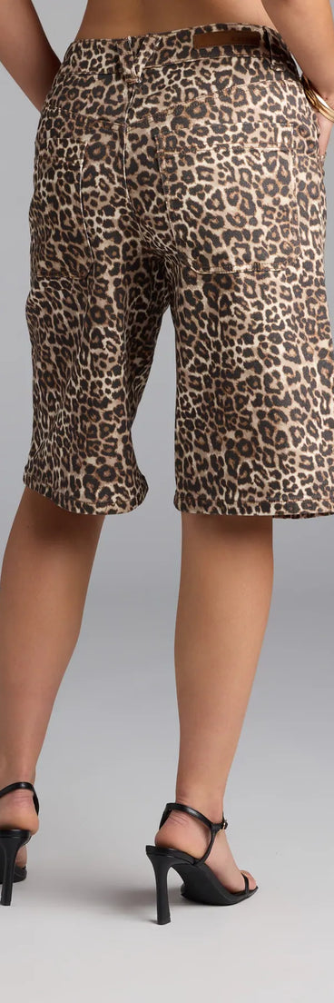 Keep your look easy and on-trend with the Running Wild Leopard Mid Rise Bermuda Denim Shorts, cheetah print jean shorts made for everyday outfits.