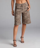 Keep your look easy and on-trend with the Running Wild Leopard Mid Rise Bermuda Denim Shorts, cheetah print jean shorts made for everyday summer outfits.