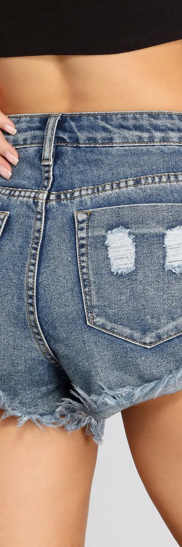 High Rise Destructed Cuffed Jean Shorts
