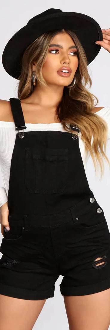 Distressed Denim Cuffed Overall Shorts