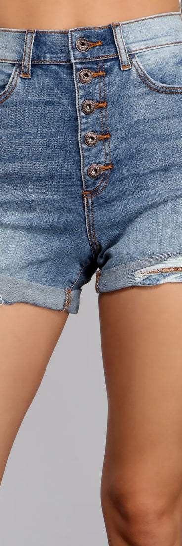 High Rise Button-Down Denim Shorts