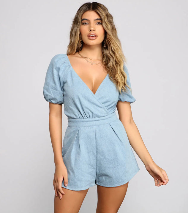 Sweet Style Puff Sleeve Denim Romper