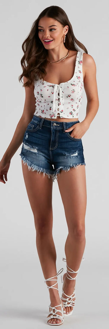 On Edge High Rise Fray Denim Shorts
