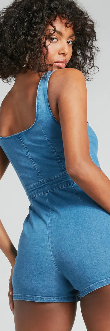 Buckle Down Scoop Neck Zipper Denim Romper