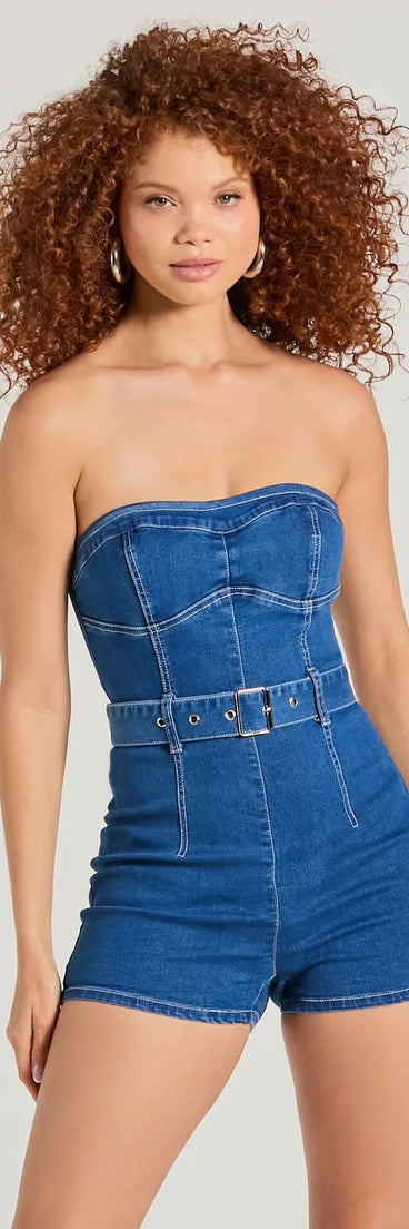 Perfect as a dress alternative for a New Year's outfit, wedding guest attire, and cocktail party dress alike, the Cutie Alert Strapless Belted Denim Romper is a women's medium denim romper that combines a stylish, unique design with festive colors and holiday-ready details for a standout look!