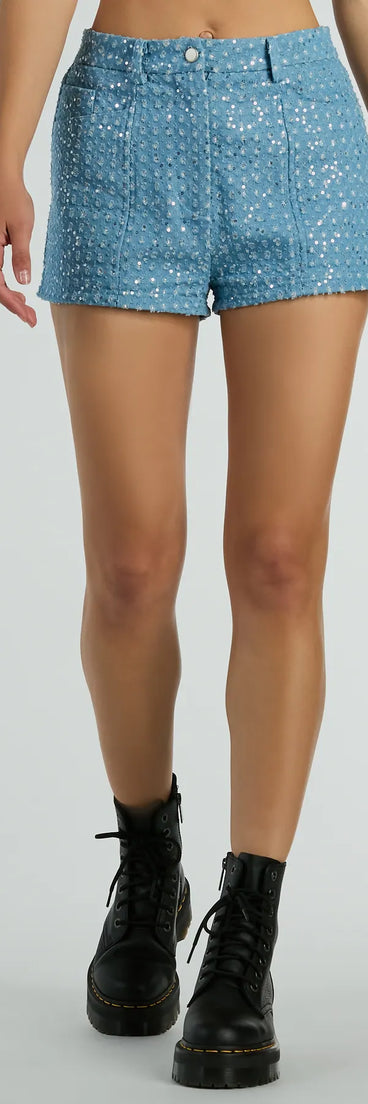 Feeling Flirty Sequin Glitter Denim Shorts