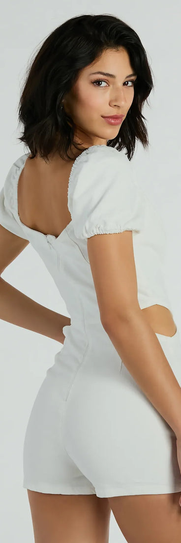 Dreamy Day Puff Sleeve Cut Out Denim Romper