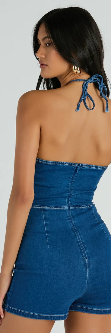 Designed for campus outfits, sleek workwear, and on-the-go moments, the Sunny Season Halter Lace-Up Cutout Denim Romper is a trendy medium denim wash bottom for women bringing effortless fall versatility.