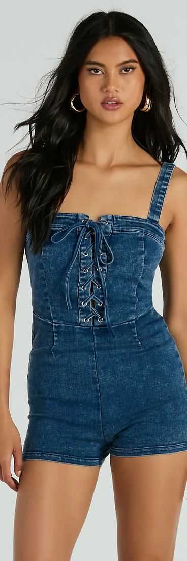 Enticing Flirty Sleeveless Lace-Up Denim Romper