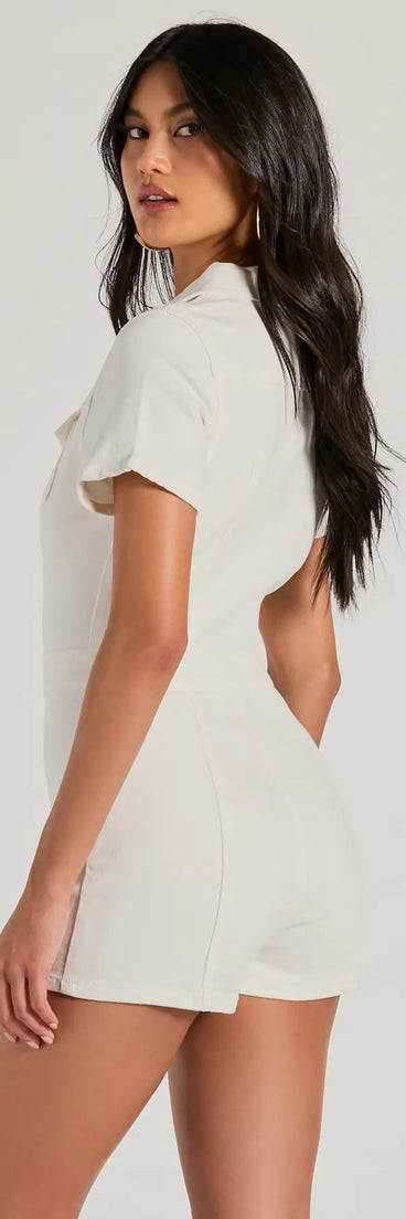 Breezy Weekend Short Sleeve Button Up Denim Romper