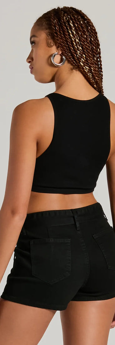 The Summer Girlie Mid Rise Belted Denim Shorts is a trendy women's bottom in black, designed with modern details and alluring textures to complete chic outfits for 2025.