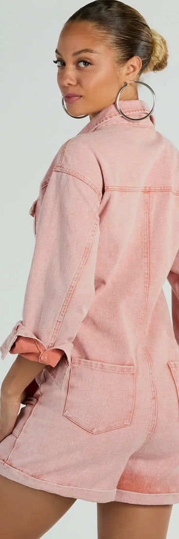 The Road Trippin' Long Sleeve Cuffed Acid Denim Romper is an elevated one-piece that blends sleek sophistication with playful charm, perfect for nailing casual or formal outfits.