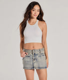 Perfect for weekend hangs, late-night pics, and everything in between, the Cute Effect Mid-Rise Belted Denim Mini Skort in denim blue brings that cool-girl vibe to any fit check.