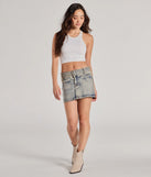 Create bold, fashion-forward looks for spring or summer with the Cute Effect Mid-Rise Belted Denim Mini Skort in denim blue, a must-have piece from Windsor’s collection of stylish bottoms for women.
