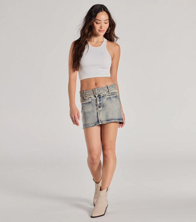Cute Effect Mid-Rise Belted Denim Mini Skort | Windsor