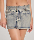 Get the look of a skirt and the comfort of shorts in the Cute Effect Mid-Rise Belted Denim Mini Skort in denim blue, perfect for staying stylish while on the move this summer.