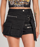 Create bold, fashion-forward looks for spring or summer with the Coolest Deets Wrap-Front Denim Cargo Skort in black, a must-have piece from Windsor’s collection of stylish bottoms for women.