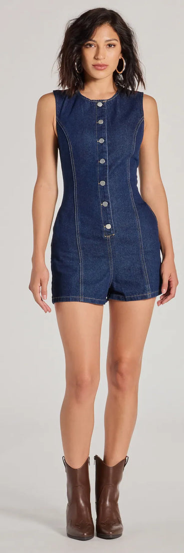 The Casual Cool Button Down Denim Romper in dark is a women's workwear essential with an elevated fabric and chic silhouette, ideal for layering and versatile enough to take your look from office chic to going-out ready!